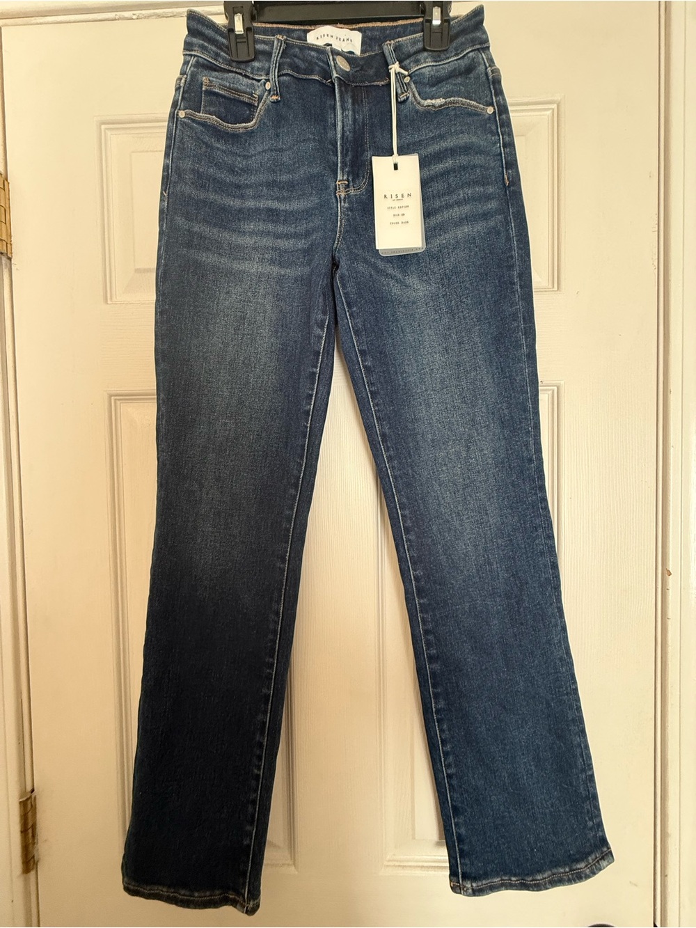 Risen Mid-Rise Straight Leg Jeans in Dark Blue